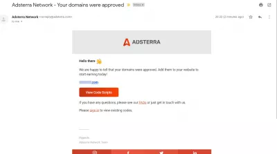 Adsterra Review: Hvor mye kan du gjøre fra annonsene sine? : Adsterra Domain-godkjennings-e-post mottatt mindre enn 5 minutter etter at du har sendt inn et nettsted