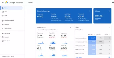 Ezoic Vs Adsense - Differences Worth Exploring : AdSense revenue dashbord with several active websites making less than $1 RPM