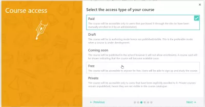 Kako ustvariti spletni tečaj na LearnWorlds? : Izberite vrsto dostopa do tečaja: plačljiv, brezplačen, zaseben