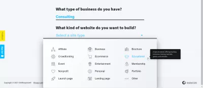 The Complete GetResponse Website Builder Review : Various types of sites that you can create with GetResponse Website Builder AI generation tool: affiliate, crowdfunding, event, nonprofit, launch page, business, ecommerce, entertainment, personal, landing page, brochure, educational, membership, portfolio, and more