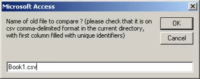 Kako primerjati dve datoteki CSV z MS Accessom : Slika 6: Nudenje prve ime datoteke v programu Compare2CSVfiles-v1.2.mdb