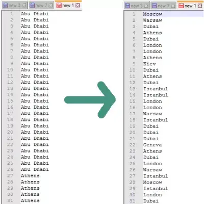 Notepad ++ randomizirati, sortirati linije slučajnim : Naručeni unosi prije i poslije randomizacije