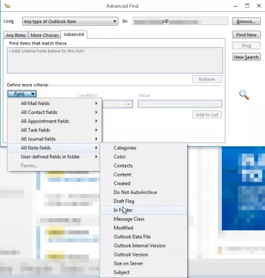 Outlook menemukan folder email dalam beberapa langkah mudah : Pencarian lanjut, cari di properti folder