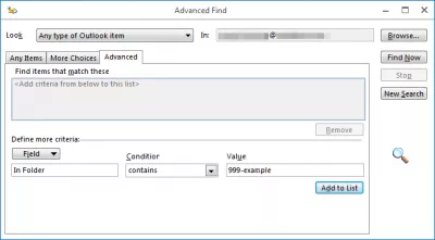 Outlook menemukan folder email dalam beberapa langkah mudah : Tambahkan kriteria ke daftar pencarian